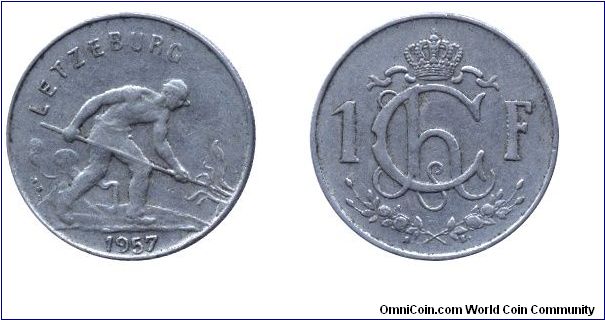Luxembourg, 1 franc, 1957, Cu-Ni, Letzeburg.                                                                                                                                                                                                                                                                                                                                                                                                                                                                        