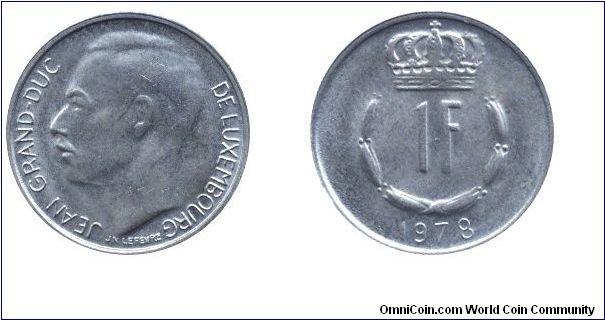 Luxembourg, 1 franc, 1978, Cu-Ni, Grand Duke Jean.                                                                                                                                                                                                                                                                                                                                                                                                                                                                  