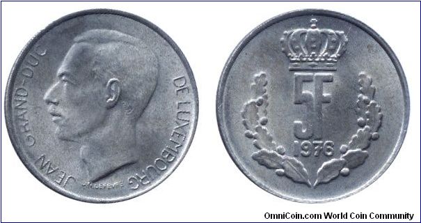 Luxembourg, 5 francs, 1976, Cu-Ni, Grand Duke Jean.                                                                                                                                                                                                                                                                                                                                                                                                                                                                 