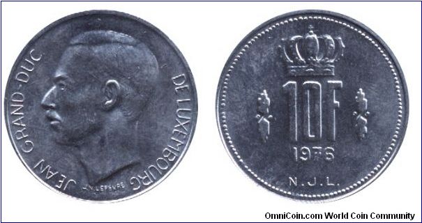 Luxembourg, 10 francs, 1976, Ni, Grand Duke Jean.                                                                                                                                                                                                                                                                                                                                                                                                                                                                   