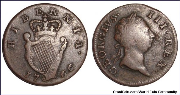 IRELAND~1/2 Penny 1766. Under King: George III of Great Britain.