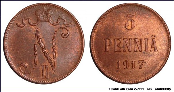 FINLAND (GRAND DUCHY)~5 Pennia 1917. Last before the Russian Revolution.