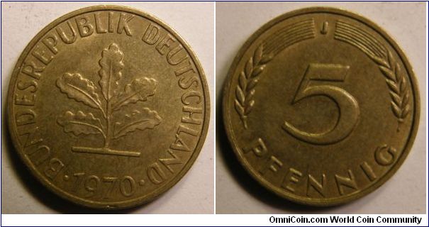 5 Pfennig (Copper Plated Steel) : 1950-2001
Obv: Plant with 5 leaves 
 BUNDESREPUBLIK DEUTSCHLAND date 
Rev: Stalks either side of value 
 5 PFENNIG