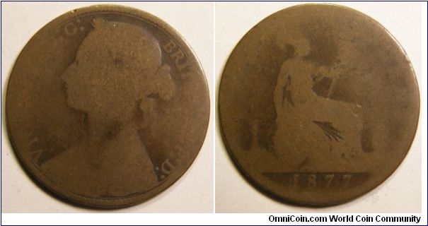 Penny (1860-1894)
Obverse;  Laureated bust of Victoria left, bun head 
VICTORIA D:G: BRITT:REG:F:D: 
Reverse;  Britannia seated right, holding trident and shield, lighthouse behind, ship under sail to right 
ONE PENNY date. Poor Grade