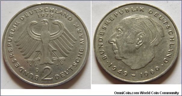 2 Deutsche Marks (Copper-Nickel Clad Nickel) : 1970-1987
Obverse: Eagle with legend around 
 BUNDESREPUBLIK DEUTSCHLAND 2 DEUTSCHE MARK date 
Reverse: Head of Theodor Heuss left 
 BUNDESREPUBLIK DEUTSCHLAND 1949 - 1969