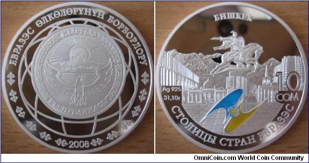 10 Som - Eurasec capitals : Bishkek - 31.1 g Ag .925 Proof - mintage 2,500