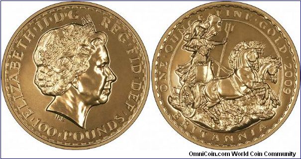 One ounce gold bullion Britannia with Britannia in chariot in the style of Boudicca.