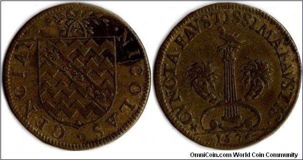 1576 dated copper jeton issued for Nicolas Gencian D'Anjou a minor noble from the Languedoc region and a notable member of the Paris bourgeoisie. Nice example of this scarcer jeton.