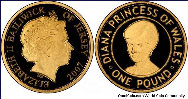 Tenth anniversary tribute to Diana Princess of Wales, from the Channel Islands. This 'One Pound' gold proof contains 1/25th of an ounce of fine gold. We bought a job lot of over 38 ounces, all in capsules. In quantity, we can sell them for less than a similar gold bullion coin.