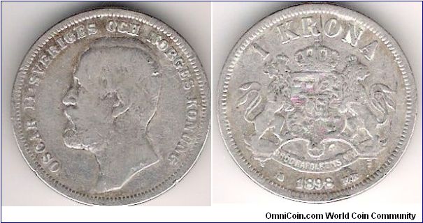 1 Krona.
King Oscar II of Sweden and Norway.