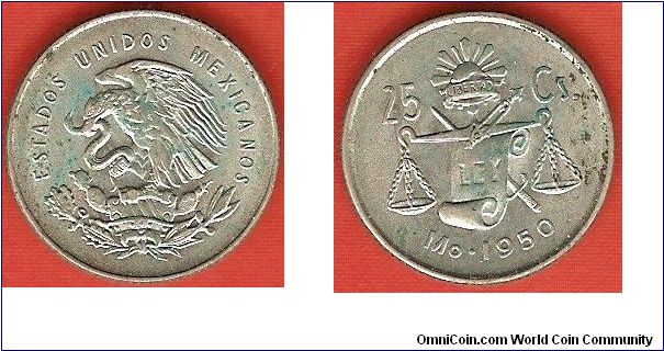 Estados Unidos Mexicanos
25 centavos
scale and constitution
0.300 silver
some verdigris