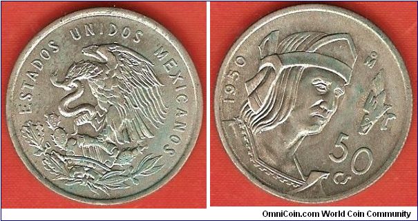 Estados Unidos Mexicanos
50 centavos
Cuauhtemoc
0.300 silver
verdigris