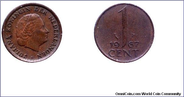 Netherlands, 1 cent, 1967, Bronze, 17mm, 2g, Queen Juliana (1948-1980).                                                                                                                                                                                                                                                                                                                                                                                                                                             