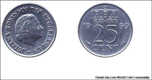 Netherlands, 25 cents, 1950, Ni, 19mm, 3g, Queen Juliana (1948-1980).                                                                                                                                                                                                                                                                                                                                                                                                                                               
