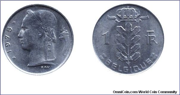 Belgium, 1 franc, 1975, Cu-Ni, Belgique.                                                                                                                                                                                                                                                                                                                                                                                                                                                                            