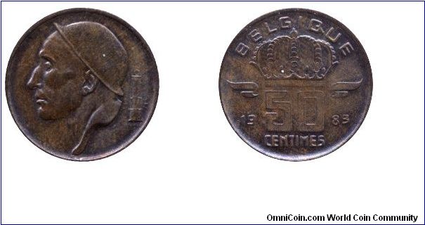 Belgium, 50 centimes, 1983, Bronze, Miner, Belgique.                                                                                                                                                                                                                                                                                                                                                                                                                                                                
