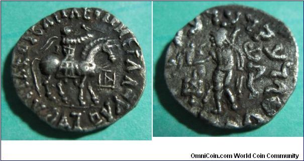 Indo Greek Scythian Pakistan.  AR Drachm.  Azes II 36BC-AD5.  Obv: King on horseback  rev: Zeus holding figure of Nike