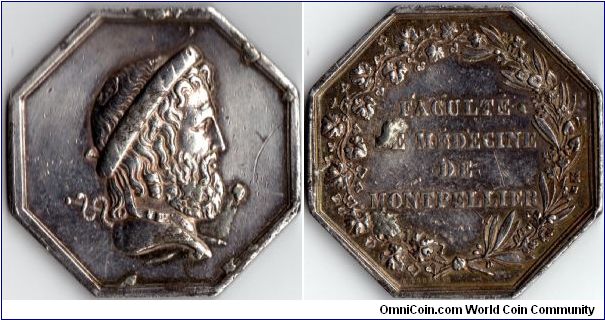 scarcer silver jeton of the Faculty of Medecine, Montpellier. serious cuds both obverse and reverse indicating the death throws of both dies.