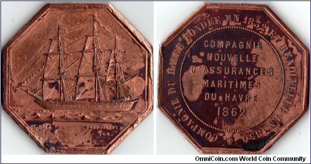 Copper jeton de presence struck for the maritime assurance company `Du Havre'