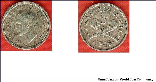 3 pence
George VI, king, emperor
crossed patu
0.500 silver