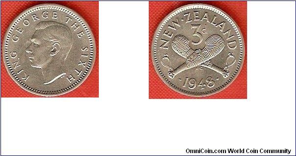 3 pence
King George VI
crossed patu
copper-nickel