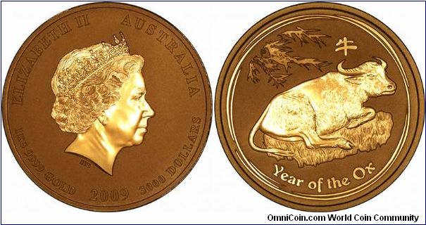 One kilo gold 'Year of the Ox' lunar calendar coin by The Perth Mint. The reverse designs of all sizes of the 2009 issues are identical, only the obverses change.