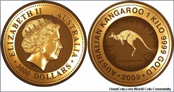 The 1 kilo gold 'large nugget' coin design remains the same as all previous years. Most people now call these 'kangaroos' rather than 'nuggets'. See also our kilo gold proof coins from Alderney.