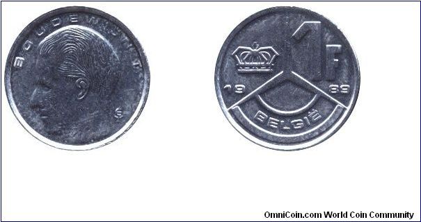 Belgium, 1 franc, 1989, Ni-Fe, King Baudouin I, Belgie.                                                                                                                                                                                                                                                                                                                                                                                                                                                             