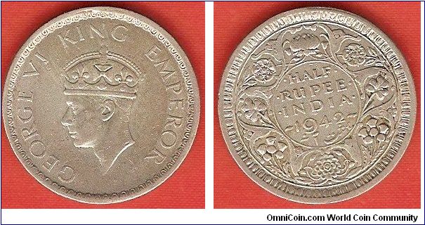 British India
1/2 rupee
George VI, king, emperor
second head
edge: security
0.500 silver
Mumbai Mint