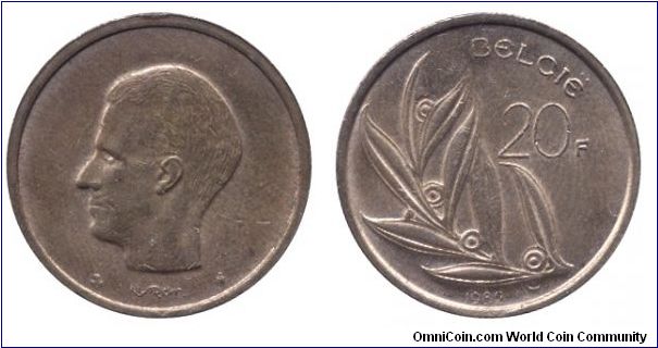 Belgium, 20 francs, 1989, Bronze, King Baudouin I, Belgie.                                                                                                                                                                                                                                                                                                                                                                                                                                                          