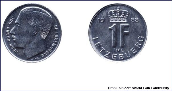 Luxembourg, 1 franc, 1988, Ni-Steel, Grand Duke Jean.                                                                                                                                                                                                                                                                                                                                                                                                                                                               