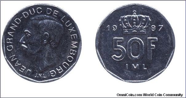 Luxembourg, 50 francs, 1997, Ni, Grand Duke Jean.                                                                                                                                                                                                                                                                                                                                                                                                                                                                   