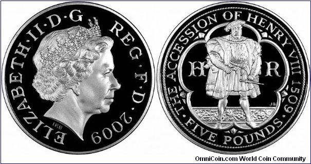 The accession of King Henry VIII is commemorated on the 2009 silver proof crown shown. There are also cupro-nickel versions in proof and uncirculated, and gold proofs.