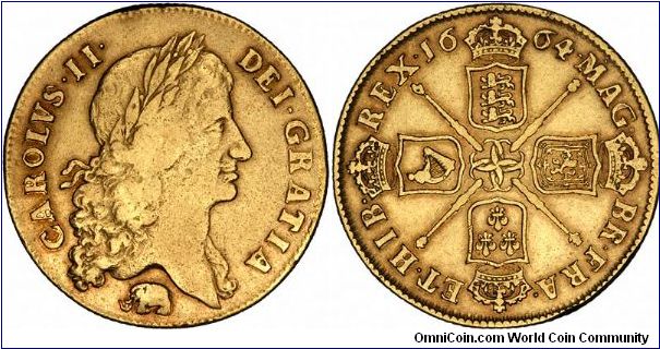 1664 Charles II gold two guinea coin with elephant below bust denoting gold from The Africa Company, first year of issue. Some British coins from this period featured an elephant and 'castle', actually a howdah, denoting the same source. This is how guineas got their name.