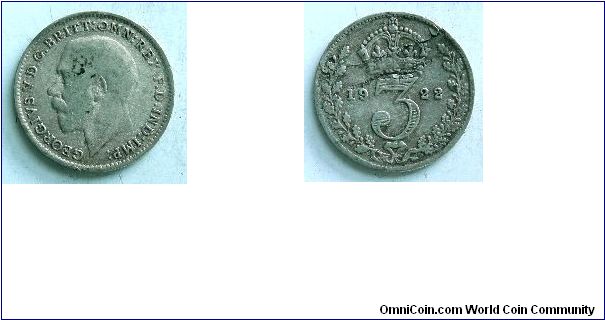 Threepence, 
With defect running thru' crown, 
George V, 
Spink ref: 4026