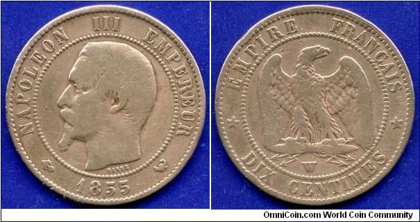 10 centimes.
Napoleon III (1852-1870) without the laurel wreath.
'W' - Lille mint.


Br.