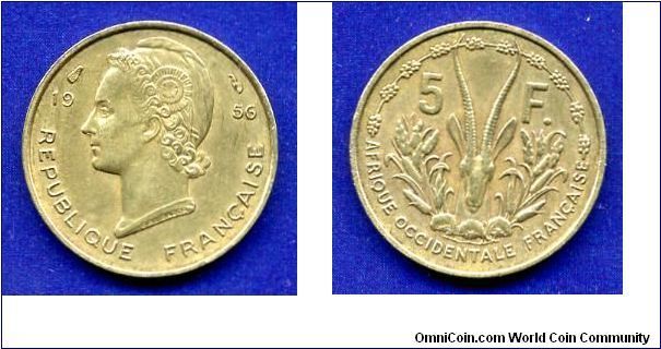 5 Francs.
Republique Francaise.
Franch West Africa.
Mintage 85,000,000 units.


Al-Br.