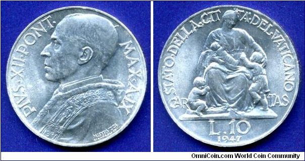 10 Lire.
Pontiff Pius XII (1939-1958).
Mintage 50,000 units.


Al.