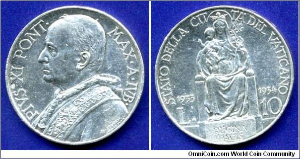 10 Lire.
Pontiff Pius XI (1922-1939).
The Jubilee (Holy) year, an extraordinary 1933-1934.
Mintage 50,000 units.


Ag835f. 10,0gr.