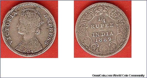 British India
1/4 rupee
Victoria, empress
0.917 silver
Mumbai Mint