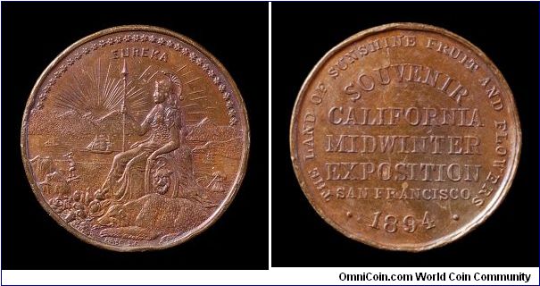 Copper version of the California Midwinter International Exposition medal.