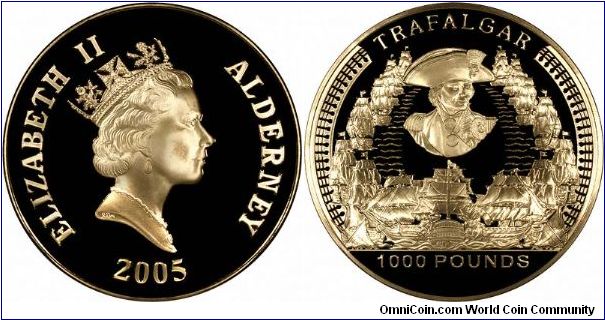 Another 1 kilo gold proof coin, also from Alderney. this is to commemorate the bicentenary of Nelson & the Battle of Trafalgar, 1805 - 2005. We have had this in stock, plus the 2004 coin, since last year, and only just got round to putting them on our websites!