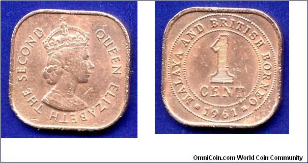 1 cent.
Malaya & British Borneo.
Elizabeth II.
Mintage 10,000,000 units.
20x20mm.


Br.