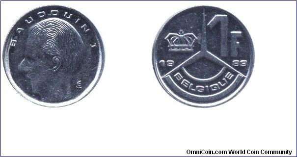 Belgium, 1 franc, 1989, Ni-Fe, King Baudouin, Belgique.                                                                                                                                                                                                                                                                                                                                                                                                                                                             