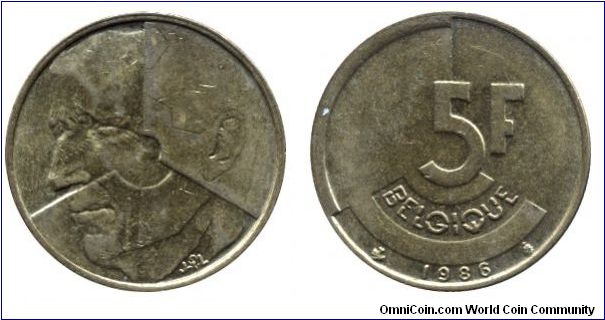 Belgium, 5 francs, 1986, Brass, Belgique.                                                                                                                                                                                                                                                                                                                                                                                                                                                                           