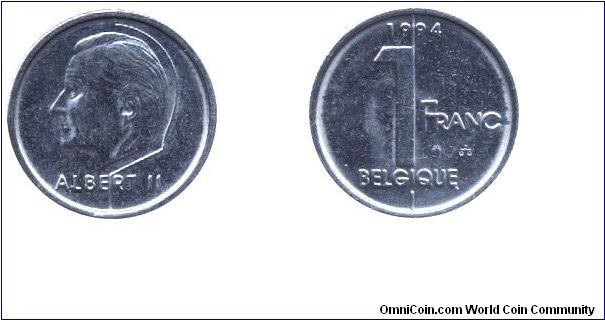 Belgium, 1 franc, 1994, King Albert II, Belgique.                                                                                                                                                                                                                                                                                                                                                                                                                                                                   