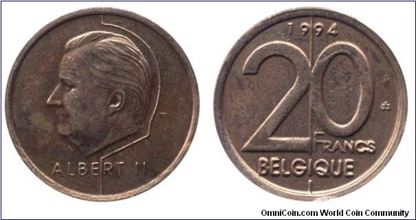 Belgium, 20 francs, 1994, King Albert II, Belgique.                                                                                                                                                                                                                                                                                                                                                                                                                                                                 