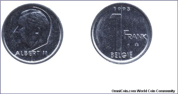 Belgium, 1 franc, 1993, King Albert II, Belgie.                                                                                                                                                                                                                                                                                                                                                                                                                                                                     