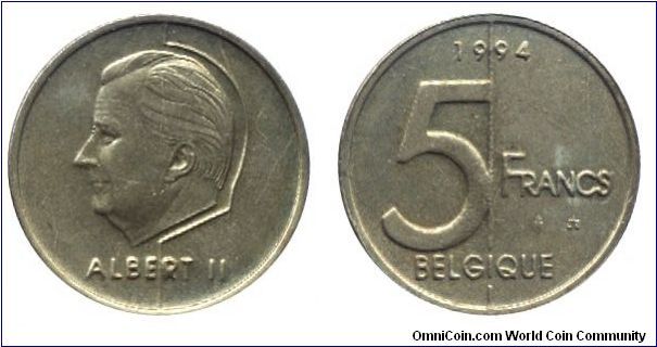 Belgium, 5 francs, 1994, King Albert II, Belgique.                                                                                                                                                                                                                                                                                                                                                                                                                                                                  