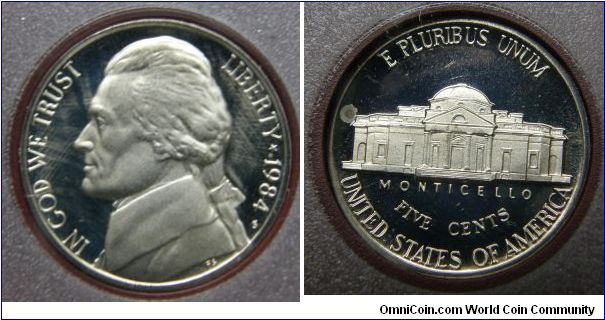 Jefferson Five Cent. 1984-S PROOF SET - Prestige.
Mintage: 316,680.
Original Issue Price: $59.00.